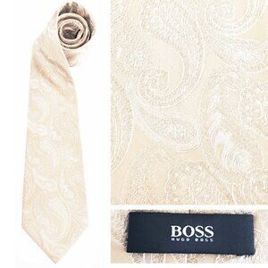 Hugo Boss Men's Tan Satin White Paisley Lace Jacquard Neck Tie